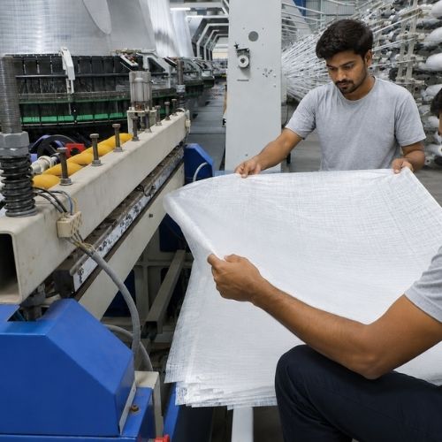 Workers inspecting PP woven fabric during FIBC jumbo bag manufacturing process